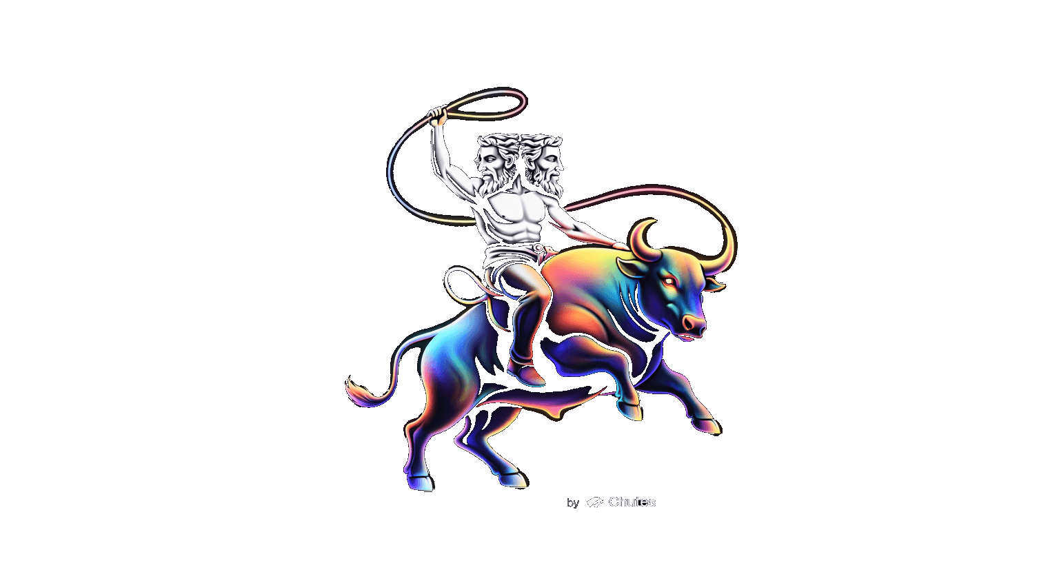 Janus riding an iridescent bull